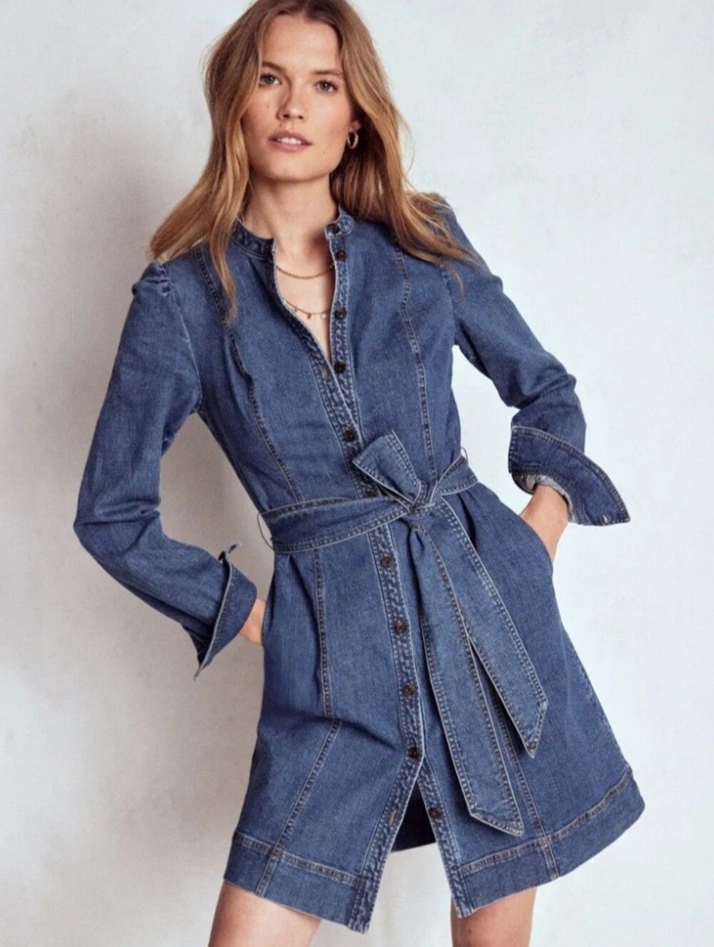 Boden Bre Denim Shirt Dress Blue Button Front Belted Long Sleeve Stretch Size 8R